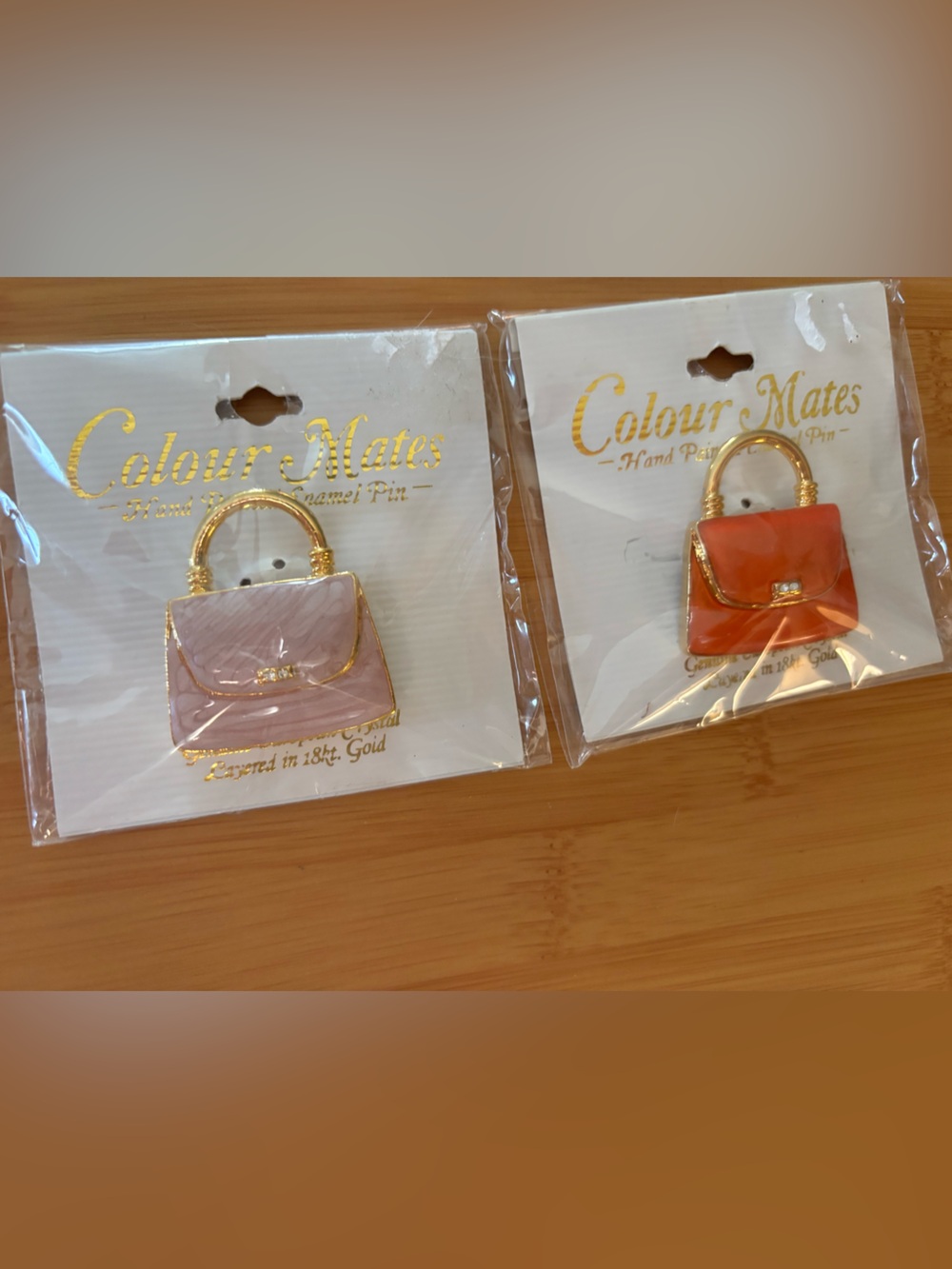 ColourMates Women's Handbag Brooch Set - Pink & Orange with Gold Accents